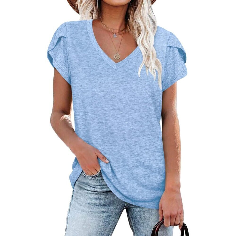 🆕Women Blue Casual Long Sleeve Blouses Slim Fit Button Down V Neck Henley Shirt